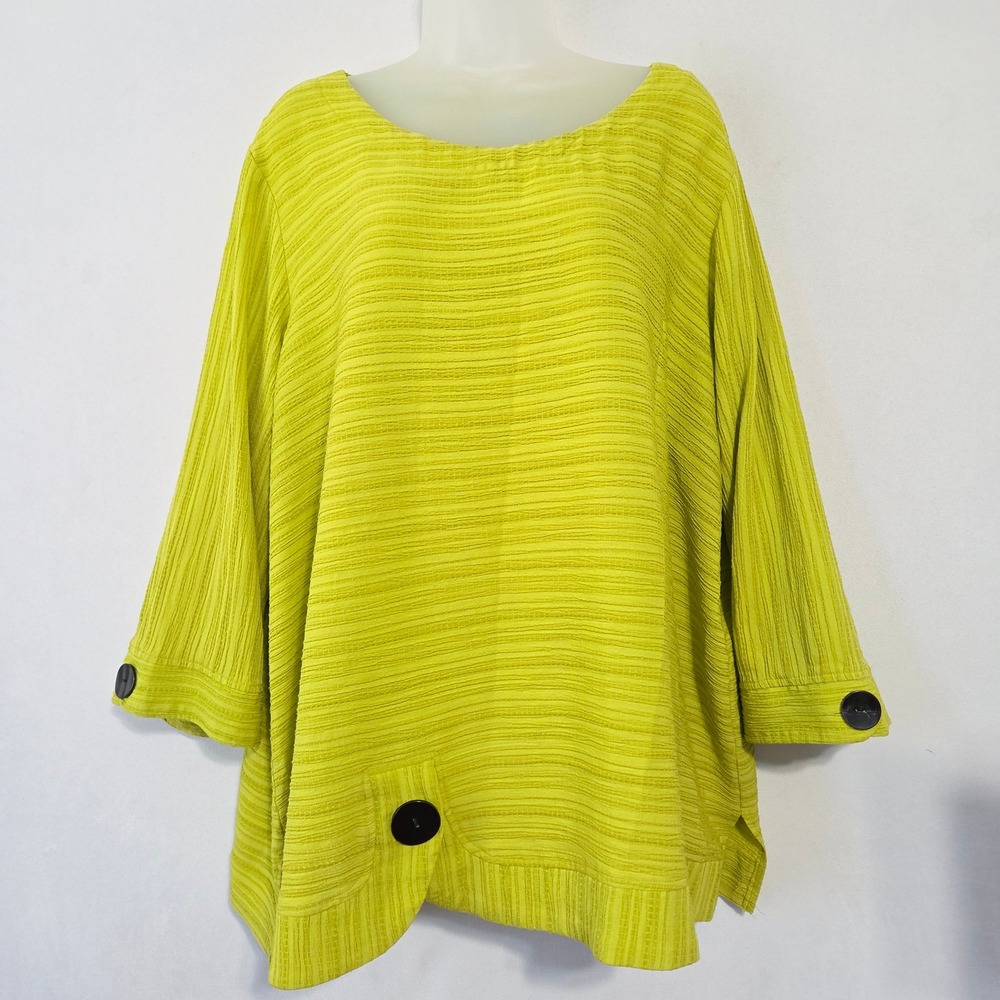 Ali Miles Top Womens 2X Green Textured Button Detail Lagenlook Relaxed Fit Artsy